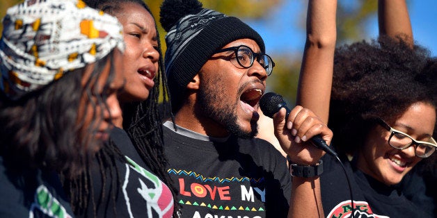 Jonathan Butler speaks for the Concerned Students 1950 at a press conference at MU on Monday, Nov. 9, 2015. (Allison Long/Kansas City Star/TNS via Getty Images)