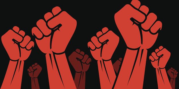 Revolution concept. Red symbol on black background. Clenched fist held in protest vector illustration. Panoramic