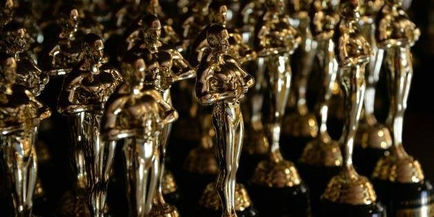 Oscar like plastic statues are seen in a shop in Hollywood, California on February 25, 2016 amid continuing preparations for this weekend's 88th Academy Awards on Sunday, February 28. / AFP / Mladen ANTONOV (Photo credit should read MLADEN ANTONOV/AFP/Getty Images)