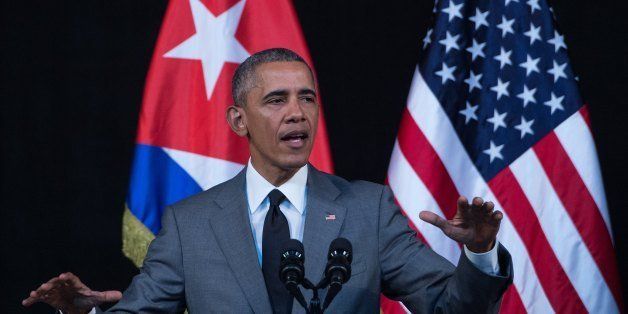 US President Barack Obama delivers a speech at the Gran Teatro de la Habana in Havana on March 22, 2016. President Barack Obama said that Cubans should be free to speak without fear, should not be detained for their thoughts and should embrace democracy, in a speech televised across the Communist-run island Tuesday. AFP PHOTO/ Nicholas KAMM / AFP / NICHOLAS KAMM (Photo credit should read NICHOLAS KAMM/AFP/Getty Images)