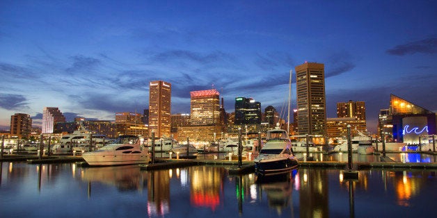 Baltimore's Inner Harbor during the twilight hours.