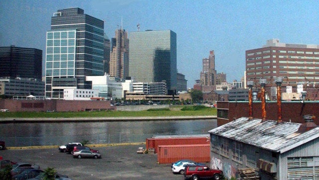 Description: "A part of Newark skyline seen, entering the city by commuter train." "File history: 19:37, 5 June 2006 . . GK