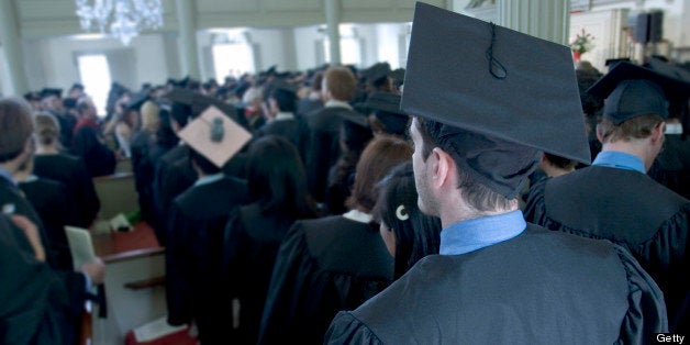 The baccalaureate ceremony is a farewell address in the form of a sermon delivered to a graduating class. This one takes place inside a church. Focus on the figure in the foreground.