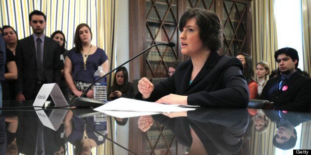 WASHINGTON, DC - FEBRUARY 23: Sandra Fluke, a third-year law student at Georgetown University and former president of the Students for Reproductive Justice group there, testifies during a hearing before the House Democratic Steering and Policy Committee February 23, 2012 on Capitol Hill in Washington, DC. Fluke was blocked from testifying at last week's House Oversight and Government Reform Committee's contraceptives hearing. (Photo by Alex Wong/Getty Images)