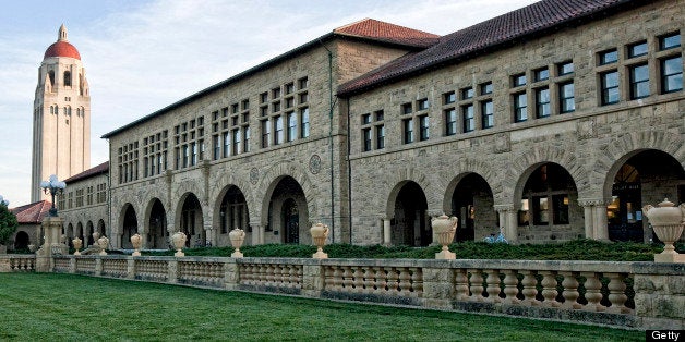 Hoover Tower, left, stands on the campus of Stanford University in Palo Alto, California, U.S., on Tuesday, Dec. 1, 2009. Stanford University, which has the third largest U.S. university endowment, postponed $1.1 billion in construction projects as the school's endowment fell 27 percent to $12.6 billion through September. Photographer: Chip Chipman/Bloomberg via Getty Images