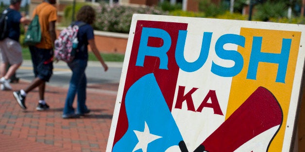 CHARLOTTE, NC - SEPTEMBER 05: Fraternity and sorority rush and recruitment signs are posted across campus at the beginning of the school year as students walk to and from class on the University of North Carolina's Charlotte campus on September 5, 2012 in Charlotte, North Carolina. (Photo by Ann Hermes/The Christian Science Monitor via Getty Images)