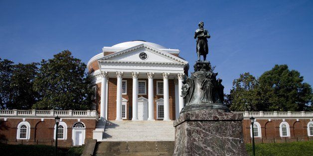 UNITED STATES - SEPTEMBER 25: Thomas Jefferson in front of Rotunda of the University he founded, University Of Virginia, Charlottesville, Virginia (Photo by Stephen St. John/National Geographic/Getty Images)