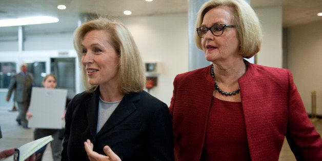 UNITED STATES - Nov 20: Sen. Kristen Gillibrand, D-NY., and Se. Claire McCaskill, D-MO., talk with reporters as they arrive at the U.S. Capitol on November 20, 2013 via way of the senate subway. (Photo By Douglas Graham/CQ Roll Call)