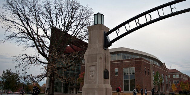 A large archway stands over the entrance to Stadium Mall on the campus of Purdue University in West Lafayette, Indiana, U.S.,