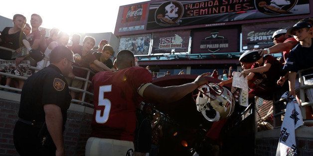 TALLAHASSEE, FL - APRIL 12: Jameis Winston #5 of the Garnet team leaves the field following Florida State's Garnet and Gold spring game at Doak Campbell Stadium on April 12, 2014 in Tallahassee, Florida. (Photo by Stacy Revere/Getty Images)