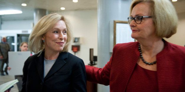 UNITED STATES - Nov 20: Sen. Kristen Gillibrand, D-NY., and Se. Claire McCaskill, D-MO., talk with reporters as they arrive at the U.S. Capitol on November 20, 2013 via way of the senate subway. (Photo By Douglas Graham/CQ Roll Call)