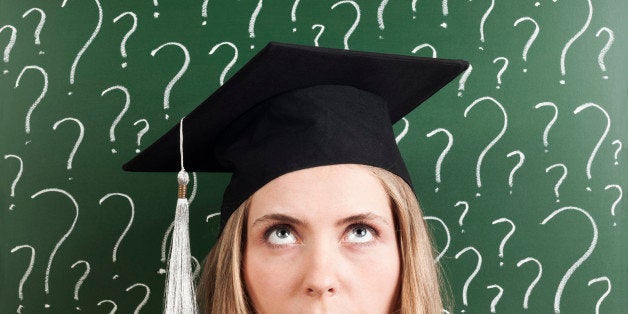 young woman student wearing cap in front of question marks written blackboard and thinking about her future