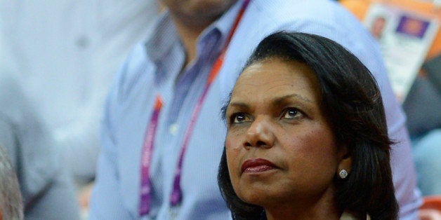 US former state secretary Condoleeza Rice watches the men's basketball preliminary round match Spain vs Brazil as part of the London 2012 Olympic Games at the Basketball Arena on August 6, 2012 in London. AFP PHOTO / TIMOTHY A. CLARY (Photo credit should read TIMOTHY A. CLARY/AFP/GettyImages)