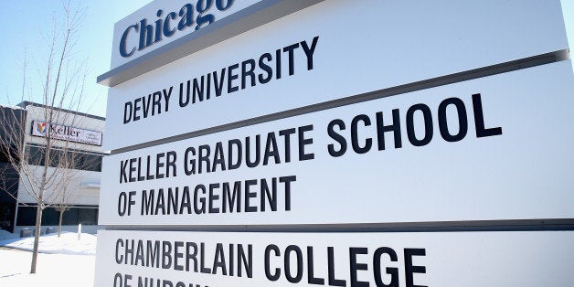 CHICAGO, IL - FEBRUARY 10: A sign indentifies DeVry's Chicago campus on February 10, 2014 in Chicago, Illinois. All of the Chicago-area DeVry University and Chamberlain College of Nursing schools were closed today after the school received an unspecified email threat. DeVry University and Chamberlain College of Nursing are part of the DeVry Education Group, a publicly traded global provider of educational services. (Photo by Scott Olson/Getty Images)