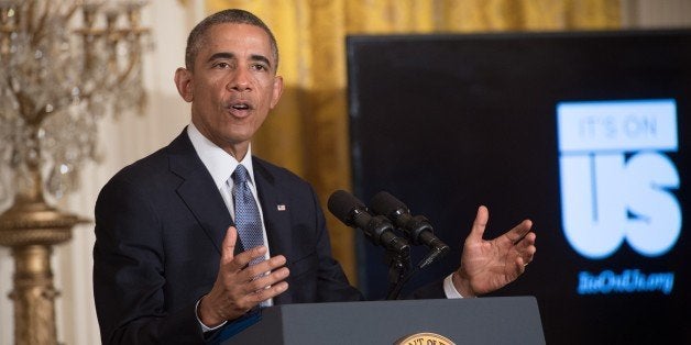 US President Barack Obama speaks at the launch of the 'It's On Us' campaign to prevent sexual assault on college campuses at the White House in Washington on September 19, 2014. AFP PHOTO/Nicholas KAMM (Photo credit should read NICHOLAS KAMM/AFP/Getty Images)