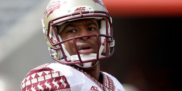 FILE - In this Sept. 27, 2014, file photo, Florida State's quarterback Jameis Winston warms up prior to an NCAA college football game against North Carolina State in Raleigh, N.C. Florida State University released a document Friday morning, Oct. 10, 2014, defending itself in the handling of the sexual assault investigation of quarterback Jameis Winston, detailing its own timeline of events. (AP Photo/Gerry Broome, File)