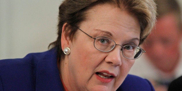 FILE - A June 26, 2012 file photo shows University of Virginia President Teresa Sullivan speaking after she was reinstated by the Board of Visitors in Charlottesville, Va. The 15-member Board of Visitors voted unanimously to reinstate Sullivan less than three weeks after ousting her in a secretive move that infuriated students, faculty and alumni. (AP Photo/Steve Helber/file)