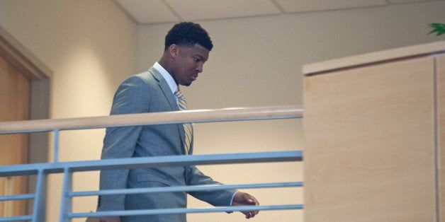 TALLAHASSEE, FL - DECEMBER 2: Florida State Seminoles quaterback Jameis Winston comes returns from a break during his student conduct code hearing on December 2, 2014 in Tallahassee, Florida. The hearing will continue on Wednesday December 3rd. (Photo by Jeff Gammons/Getty Images)