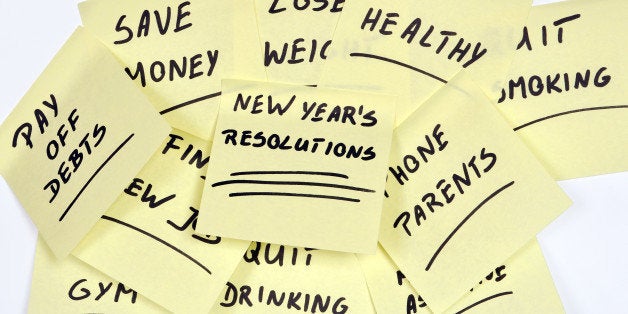 lots of New Year's Resolutions on yellow pieces of paper