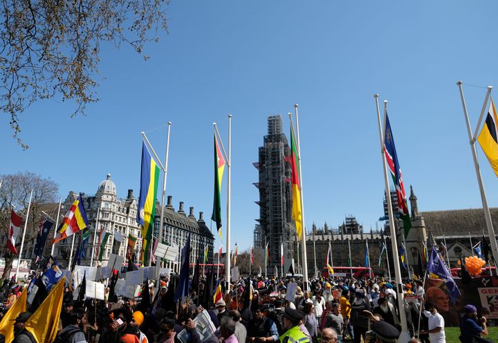 Pro-Khalistan Sikh demonstrators protest on Parliament Square against the genocide of minorities in their country. 