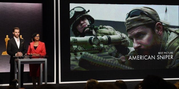 Hosts Chris Pine and Academy President Cheryl Boone announce the movie 'American Sniper' as one of the Oscar nominees for Bes