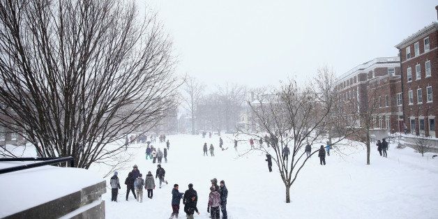 CAMBRIDGE, MA - JANUARY 27: Students enjoy the snow on the Quad, on the campus of Harvard University on January 27, 2015 in Cambridge, Massachusetts. Boston, and much of the Northeast, is being hit with heavy snow from Winter Storm Juno. (Photo by Maddie Meyer/Getty Images)