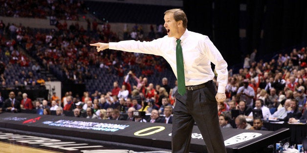 INDIANAPOLIS, IN - MARCH 29: Head coach Dana Altman of the Oregon Ducks reacts as he coache sin the first half against the Louisville Cardinals during the Midwest Region Semifinal round of the 2013 NCAA Men's Basketball Tournament at Lucas Oil Stadium on March 29, 2013 in Indianapolis, Indiana. (Photo by Andy Lyons/Getty Images)