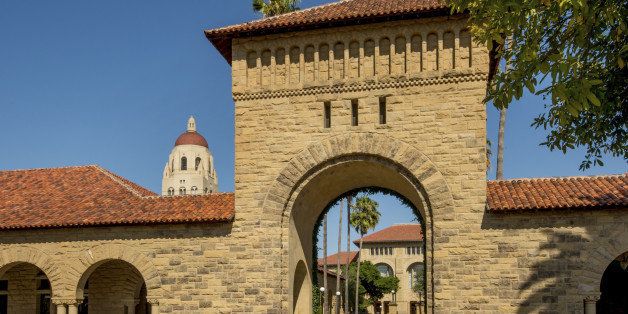 Gate and tower in iconic sandstone, Stanford University, California, USA.