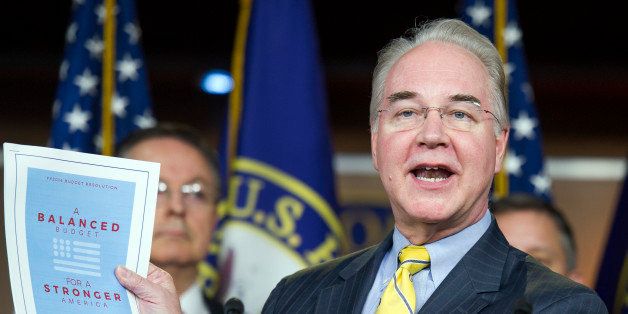 House Budget Committee Chairman Rep. Tom Price, R-Ga. holds-up a synopsis of the House Republican budget proposal as he announces the plan on Capitol Hill in Washington, Tuesday, March 17, 2015. The plan includes a boost in defense spending but cuts in the Medicaid program for the poor, food stamps and health care subsidies. (AP Photo/Cliff Owen)