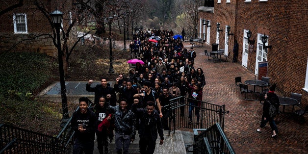 CHARLOTTESVILLE, VA - MARCH 20: Students protest at the University of Virginia following the Tuesday night arrest by ABC police of student Martese Johnson, 20, outside a bar in Charlottesville, Virginia Friday March 20, 2015. (Photo by J. Lawler Duggan/For The Washington Post via Getty Images)