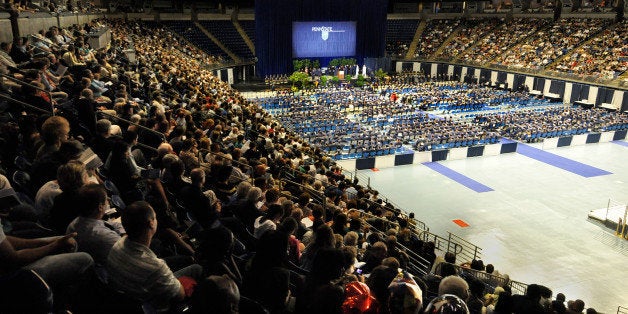 A filled Bryce Jordan Center is visible during the College of Engineering's commencement ceremony on Friday, May 15. The even