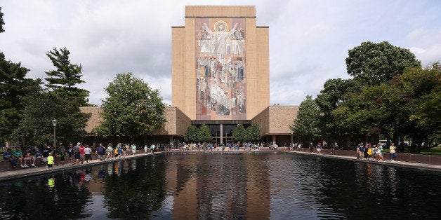 SOUTH BEND, IN - AUGUST 30: The mural at the Hesburgh Library, commonly known as 'Touchdown Jesus' is seen on the campus of