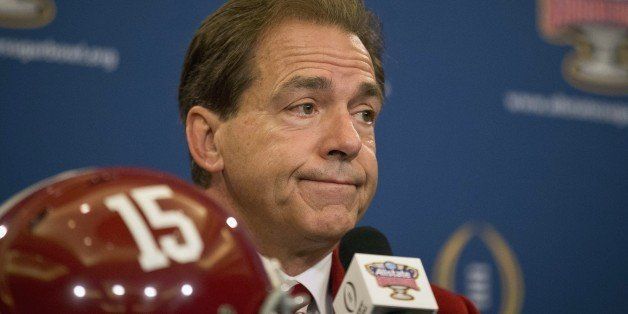 FILE - In this Dec. 31, 2014, file photo, Alabama head coach Nick Saban speaks to the media during a press conference for the Sugar Bowl in New Orleans. Saban is expected to address the media Monday, March 30, 2015, after two Crimson Tide players were arrested in separate cases over the weekend. Defensive back Geno Smith and defensive lineman Jonathan Taylor are facing legal trouble again. (AP Photo/Brynn Anderson, File)