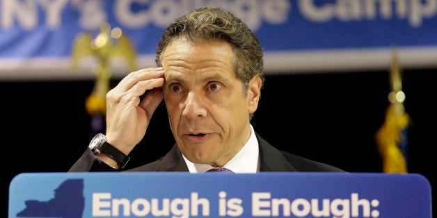 New York Gov. Andrew Cuomo speaks at the Fashion Institute of Technology in New York, Monday, May 11, 2015. Cuomo announced a blanket policy for responding to sexual assault on New York state college campuses. (AP Photo/Seth Wenig)