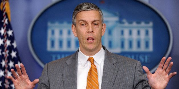 WASHINGTON, DC - APRIL 20: (AFP OUT) U.S. Secretary of Education Arne Duncan speaks at the press briefing of the White House April 20, 2012 in Washington, DC. (Photo by Olivier Douliery-Pool/Getty Images)