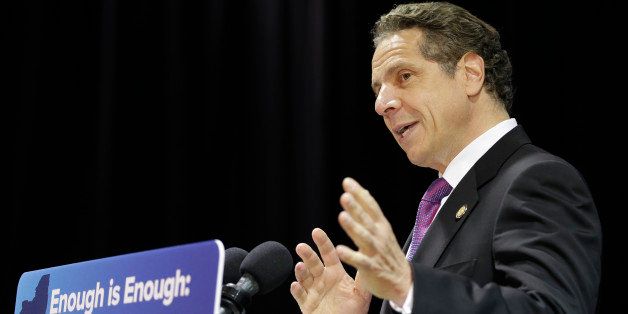 New York Gov. Andrew Cuomo speaks at the Fashion Institute of Technology in New York, Monday, May 11, 2015. Cuomo announced a blanket policy for responding to sexual assault on New York state college campuses. (AP Photo/Seth Wenig)
