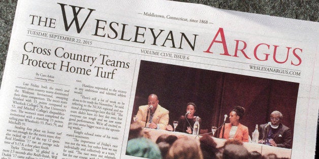 The Wesleyan Argus student newspaper is displayed Thursday, Sept. 24, 2015, on the campus of Wesleyan University in Middletown, Conn. The student government for the liberal arts school is weighing a petition to strip The Argus of funding after some objected to an opinion piece it published on the Black Lives Matter movement. (AP Photo/Michael Melia)