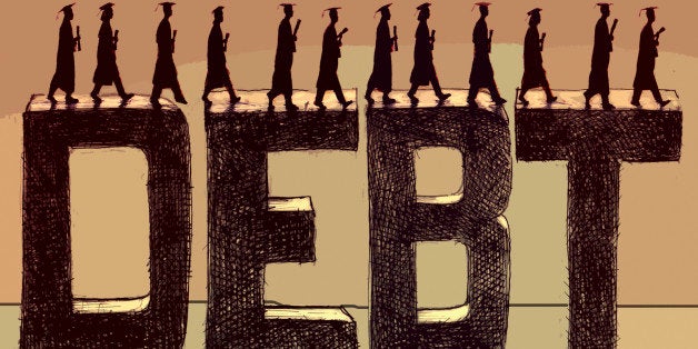 Graduate students walking across the word debt