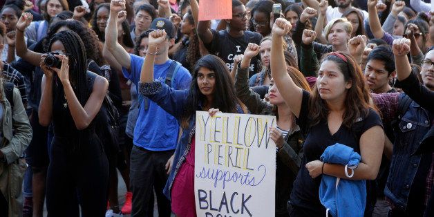 University California Los Angeles students stage a protest rally in a show of solidarity with protesters at the University of Missouri, Thursday, Nov. 12, 2015 in Los Angeles. Thousands of students across the U.S. took part in demonstrations at university campuses Thursday to show solidarity with protesters at the University of Missouri, and to shine a light on what they say are racial problems at their own schools. (AP Photo/Nick Ut)