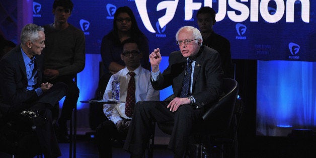 DES MOINES, IA - JANUARY 11: Journalist Jorge Ramos and democratic presidential Bernie Sanders (R) pictured onstage during the FUSION presents the Brown & Black Democratic Forum at Drake University on January 11, 2016 in Des Moines, Iowa. (Photo by Fernando Leon/Getty Images for Fusion)