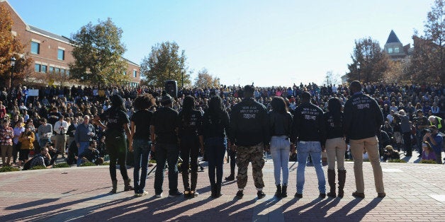 COLUMBIA, MO - NOVEMBER 9: Members of the Concerned Student 1950 movement speak to the crowd of students on the campus of University of Missouri - Columbia on November 9, 2015 in Columbia, Missouri. Students celebrate the resignation of University of Missouri System President Tim Wolfe amid allegations of racism. (Photo by Michael B. Thomas/Getty Images)