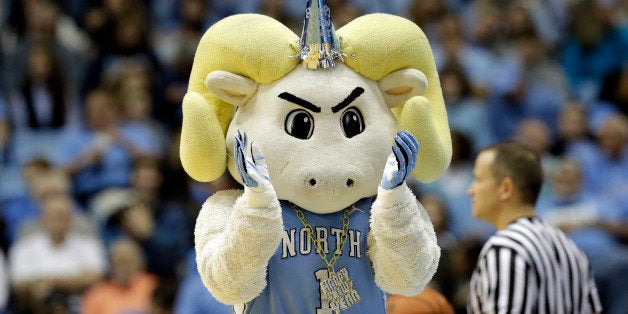 North Carolina's mascot applauds during the second half of an NCAA college basketball game against UNC Wilmington in Chapel Hill, N.C., Tuesday, Dec. 31, 2013. North Carolina won 84-51. (AP Photo/Gerry Broome)