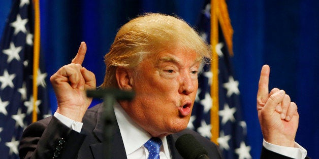 MANCHESTER, NH - JUNE 13: Donald Trump is seen through the teleprompter as he speaks during an event at St. Anselm College New Hampshire Institute of Politics in Manchester, N.H., on June 13, 2016. (Photo by Jessica Rinaldi/The Boston Globe via Getty Images)