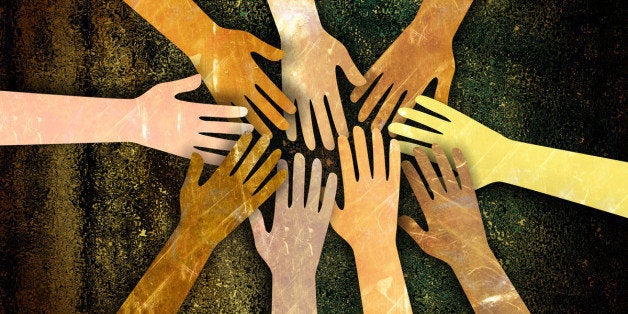 A grunge textured digital illustration of a group of diverse hands reaching together in unity and support.