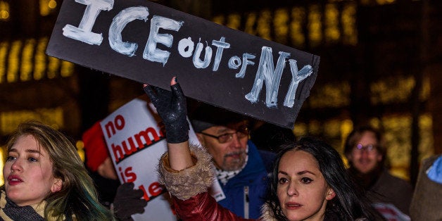 U S DEPARTMENT OF HOMELAND SECURITY IMMIGRATION AND CUSTOMS ENFORCEMENT (ICE), NEW YORK, NY, UNITED STATES - 2017/02/10: In response to the U.S. Department of Homeland Security Immigration and Customs Enforcement (ICE) raids and deportations happening across the country, about a thousand people among immigrant communities from across New York City, Resist Here, New York Communities for Change, Make the Road New York and concerned citizens held a rally in front of ICE offices at 26 Federal Plaza, NYC followed by a march to Federal Court House to demand an end to the attacks on immigrants. (Photo by Erik McGregor/Pacific Press/LightRocket via Getty Images)