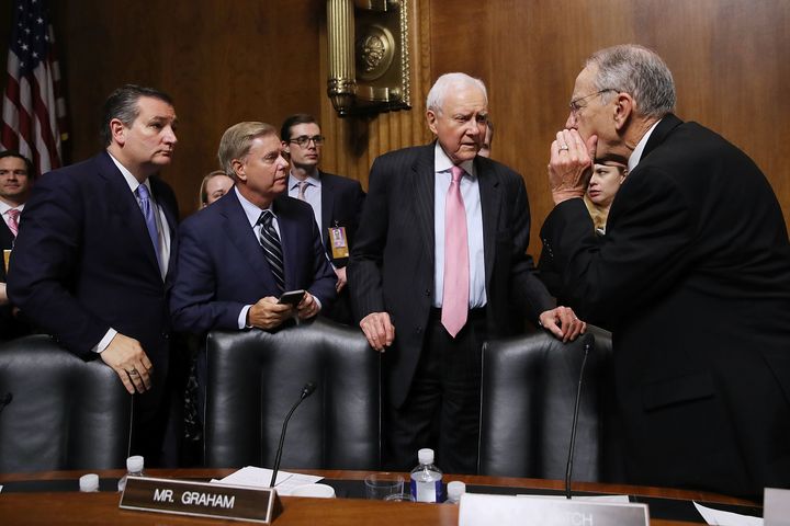 Republicans on the Senate Judiciary Committee ― Ted Cruz, Lindsey Graham, Orrin Hatch and Chairman Chuck Grassley ― talk at the end of the Supreme Court confirmation hearings for Brett Kavanaugh on Sept. 27, 2018.