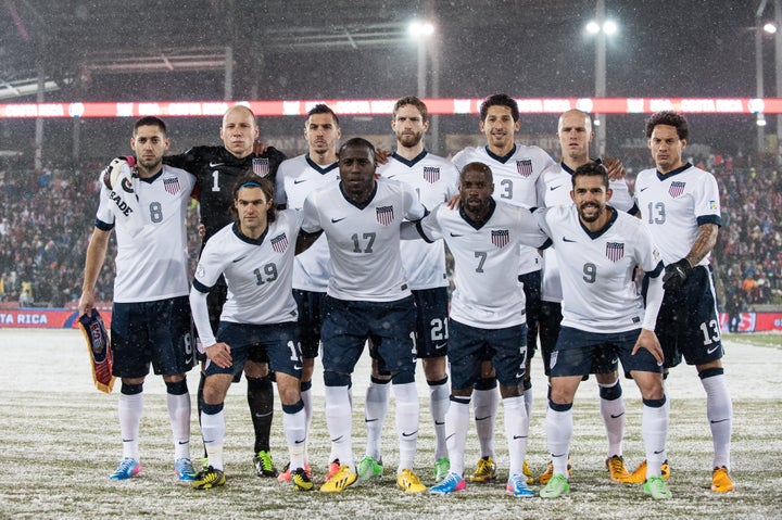 COMMERCE CITY, CO - MARCH 22: The starting lineup of the United States national team, including Clint Dempsey, Brad Guzan, Graham Zusi, Jozy Altidore, DaMarcus Beasley, Omar Gonzalez, Herculez Gomez, and Jermaine Jones stand for a team photo before a FIFA 2014 World Cup Qualifier match between Costa Rica and United States at Dick's Sporting Goods Park on March 22, 2013 in Commerce City, Colorado. (Photo by Dustin Bradford/Getty Images)