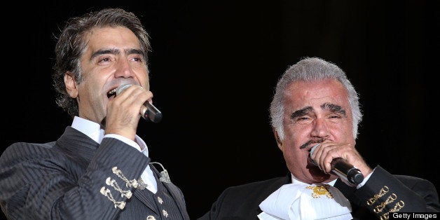 GUADALAJARA, MEXICO - JUNE 27: Singers Alejandro Fernandez and his father Vicente Fernandez performs a duo during Jalisco en
