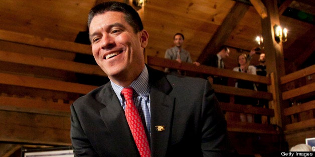 COHASSET, MA - APRIL 30: Republican nominee Gabriel Gomez shook hands before giving a victory speech at the podium. Republican candidate Gabriel Gomez held an Election Night party at the Red Lion Inn in Cohasset, Mass. on Tuesday, April 30, 2013. Massachusetts held a Senate primary election for the vacated seat of John Kerry. (Photo by Yoon S. Byun/The Boston Globe via Getty Images)