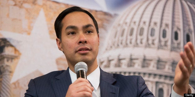 UNITED STATES - MARCH 05: Julian Castro, mayor of San Antonio, and his brother Rep. Joaquin Castro, D-Texas, not pictured, participate in a discussion at the 'SA to DC' conference held at the Marriott at Metro Center. The event which, is organized by the Hispanic Chamber, the Greater San Antonio Chamber of Commerce and the Free Trade Alliance, brings business leaders and elected officials from San Antonio to advocate for the city. (Photo By Tom Williams/CQ Roll Call)